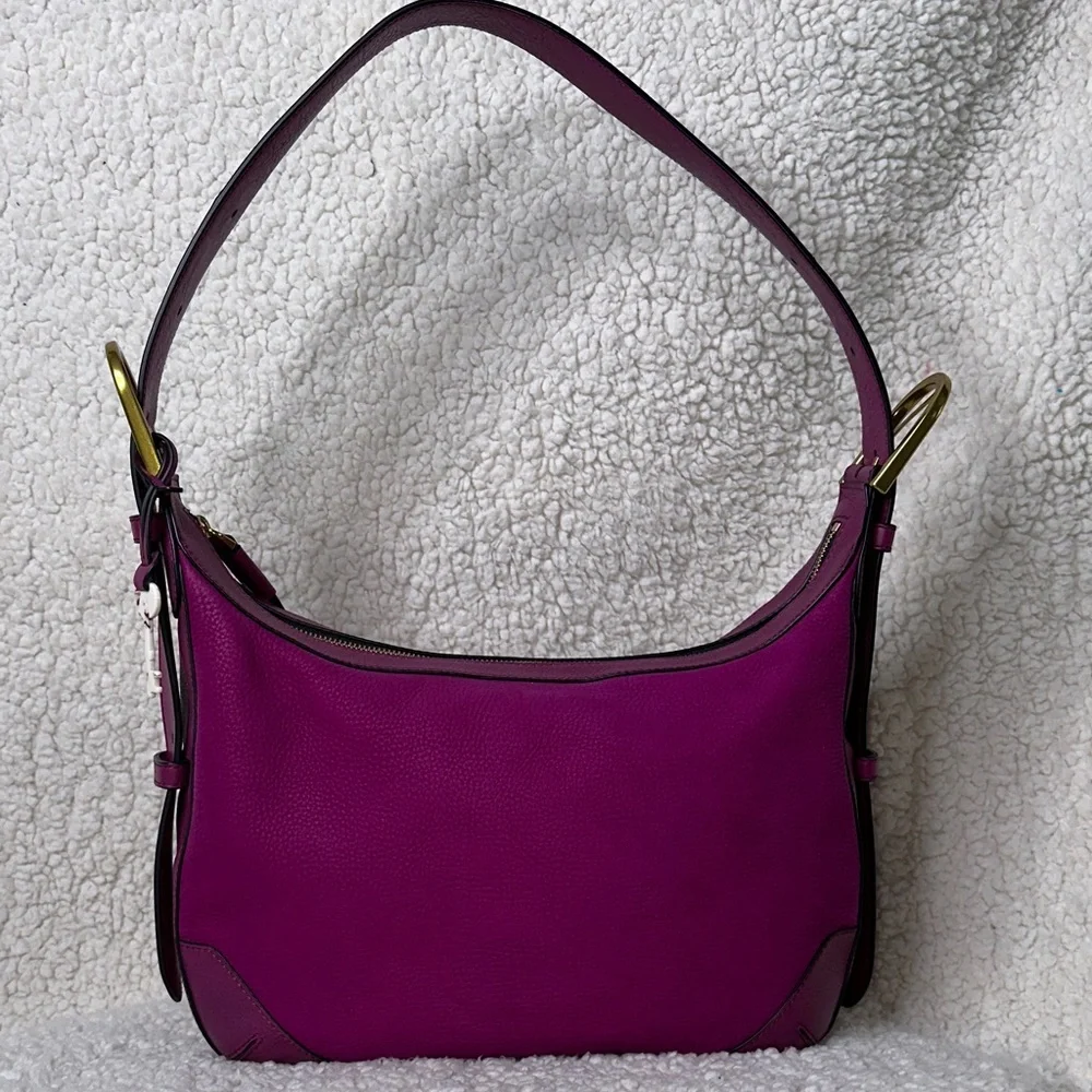 Fossil Hannah Hobo Leather & Suede Purple Magenta Shoulder Bag NWOT w/Key Charm